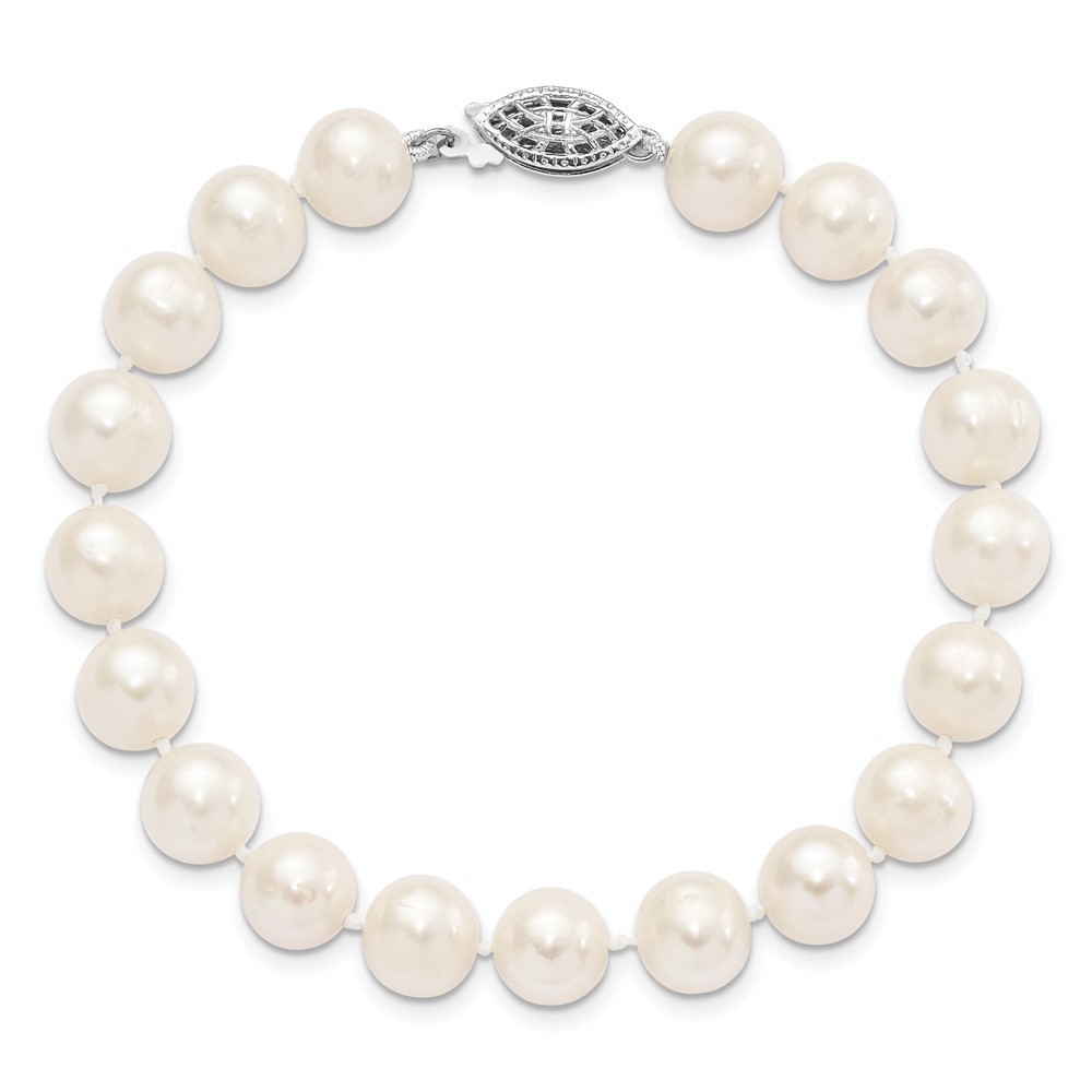 Sterling Silver Rhodium-plated 8-9mm White Near-Round Freshwater Cultured Pearl 7.25 inch Bracelet (QH4728-7.25)
