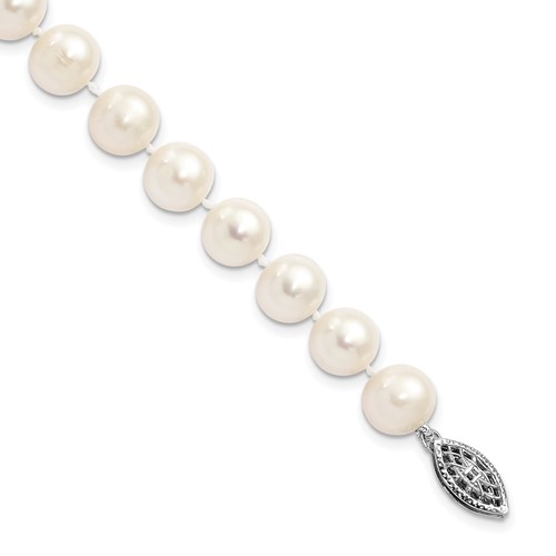 Sterling Silver Rhodium-plated 8-9mm White Near-Round Freshwater Cultured Pearl Bracelet, 7.25"
