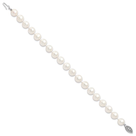 Sterling Silver Rhodium-plated 9-10mm White Near Round Freshwater Cultured Pearl 8.25 inch Bracelet