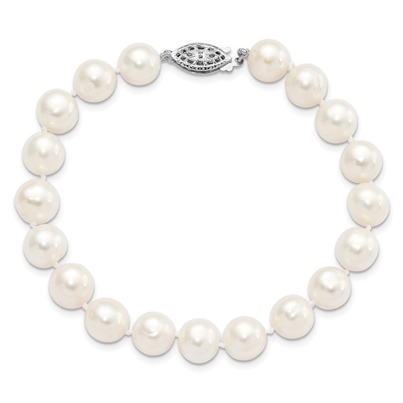Sterling Silver Rhodium-plated 9-10mm White Near Round Freshwater Cultured Pearl 8.25 inch Bracelet