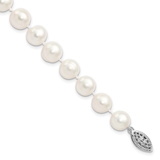 Sterling Silver Rhodium-plated 9-10mm White Near Round Freshwater Cultured Pearl 8.25 inch Bracelet