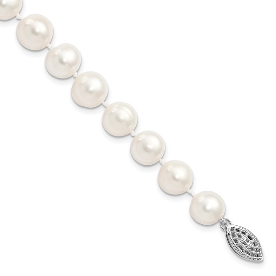 Sterling Silver Rhodium-plated 9-10mm White Near Round Freshwater Cultured Pearl 8.25 inch Bracelet