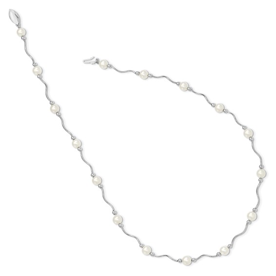Sterling Silver Rhodium-plated 6-7mm White Near-Round Freshwater Cultured Pearl 18-Station 18 inch Necklace