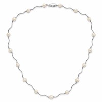 Sterling Silver Rhodium-plated 6-7mm White Near-Round Freshwater Cultured Pearl 18-Station Necklace, 18" view 4