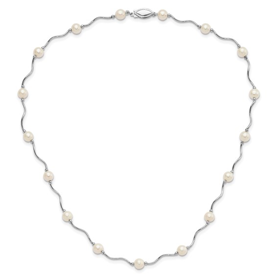 Sterling Silver Rhodium-plated 6-7mm White Near-Round Freshwater Cultured Pearl 18-Station 18 inch Necklace