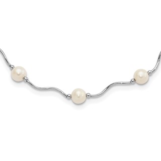 Sterling Silver Rhodium-plated 6-7mm White Near-Round Freshwater Cultured Pearl 18-Station 18 inch Necklace