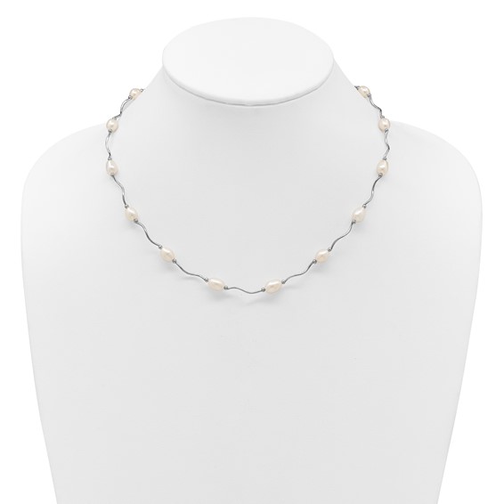 Sterling Silver Rhodium-plated 6-7mm White Rice Freshwater Cultured Pearl 16-Station 18 inch Necklace