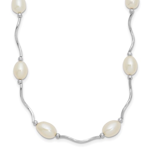 Sterling Silver Rhodium-plated 6-7mm White Rice Freshwater Cultured Pearl 16-Station Necklace, 18"