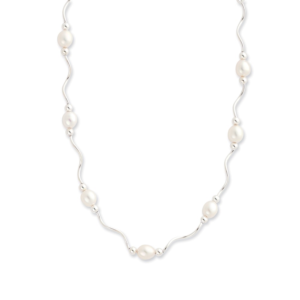Sterling Silver Rhodium-plated 6-7mm White Rice Freshwater Cultured Pearl 16-Station 18 inch Necklace (QH4734-18)