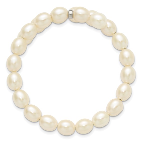 Sterling Silver Rhodium-plated 7-8mm White Rice Freshwater Cultured Pearl Flexible 7.5 inch Bracelet