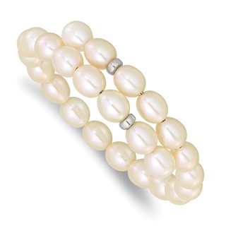 Sterling Silver Rhodium-plated 7-8mm White Rice Freshwater Cultured Pearl Flexible 7.5 inch Bracelet
