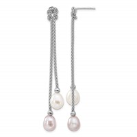 Sterling Silver Rhodium-plated 7-8mm Pink and White Teardrop Freshwater Cultured Pearl Knot Y-Necklace and Post Dangle Earrings Set, 18" view 2