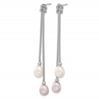Sterling Silver Rhodium-plated 7-8mm Pink and White Teardrop Freshwater Cultured Pearl Knot Y-Necklace and Post Dangle Earrings Set, 18" view 4