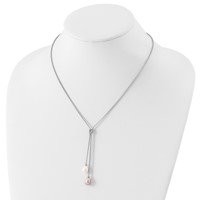 Sterling Silver Rhodium-plated 7-8mm Pink and White Teardrop Freshwater Cultured Pearl Knot Y-Necklace and Post Dangle Earrings Set, 18" view 5