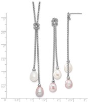 Sterling Silver Rhodium-plated 7-8mm Pink and White Teardrop Freshwater Cultured Pearl Knot Y-Necklace and Post Dangle Earrings Set, 18" view 3