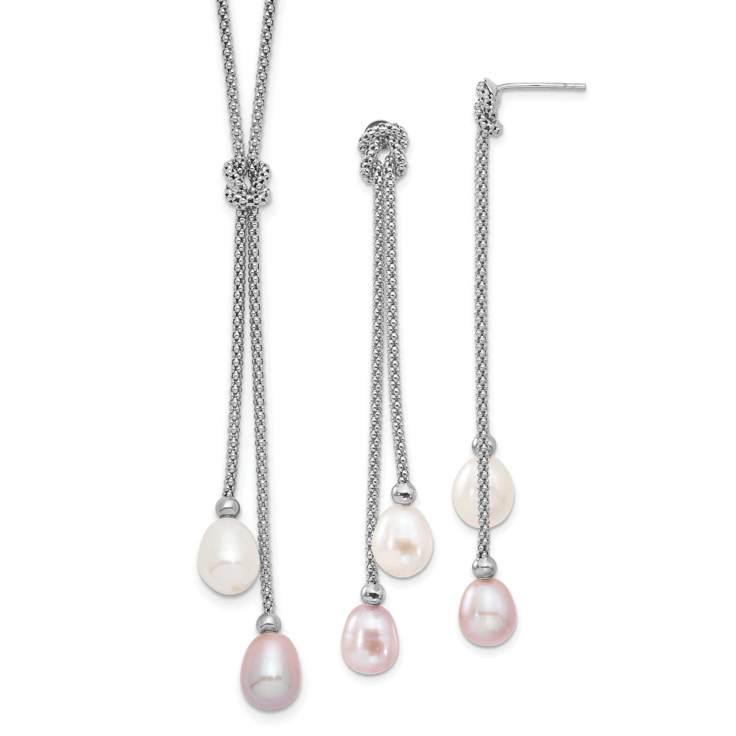 Sterling Silver Rhodium-plated 7-8mm Pink and White Teardrop Freshwater Cultured Pearl Knot 18 inch Necklace and Post Dangle Earrings Set (QH4739SET)