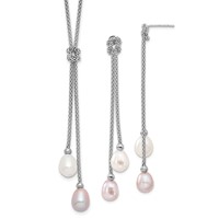 Sterling Silver Rhodium-plated 7-8mm Pink and White Teardrop Freshwater Cultured Pearl Knot Y-Necklace and Post Dangle Earrings Set, 18" view 1