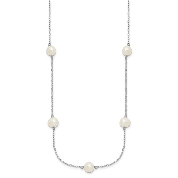 Sterling Silver Rhodium-plated 7-8mm White Near-Round Freshwater Cultured Pearl 7-Station 17 inch with 2 inch Extension Necklace