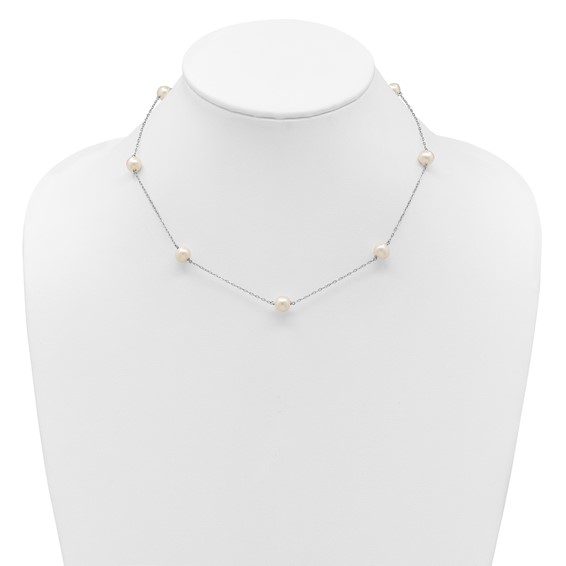 Sterling Silver Rhodium-plated 7-8mm White Near-Round Freshwater Cultured Pearl 7-Station 17 inch with 2 inch Extension Necklace