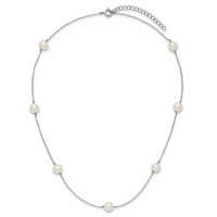 Sterling Silver Rhodium-plated 7-8mm White Near-Round Freshwater Cultured Pearl 7-Station Necklace with 2 Inch Extension, 17" view 5