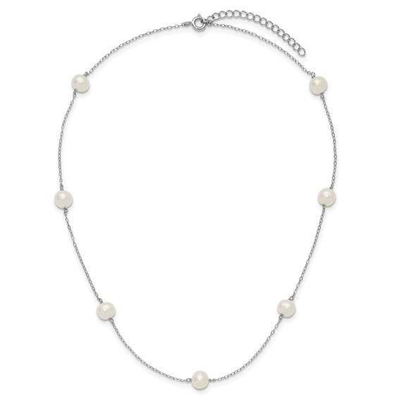 Sterling Silver Rhodium-plated 7-8mm White Near-Round Freshwater Cultured Pearl 7-Station 17 inch with 2 inch Extension Necklace