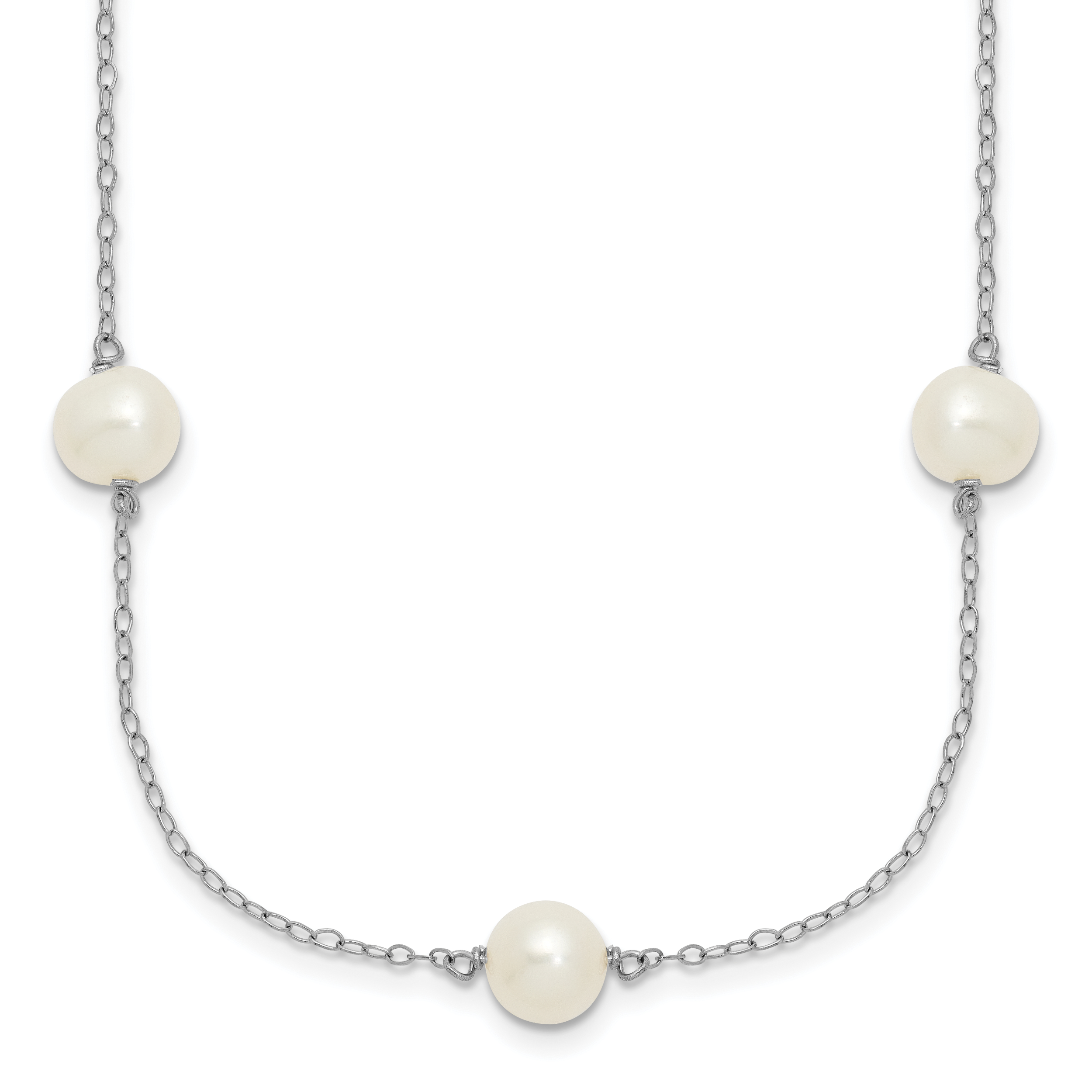 Sterling Silver Rhodium-plated 7-8mm White Near-Round Freshwater Cultured Pearl 7-Station 17 inch with 2 inch Extension Necklace (QH4746-17)