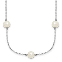 Sterling Silver Rhodium-plated 7-8mm White Near-Round Freshwater Cultured Pearl 7-Station Necklace with 2 Inch Extension, 17" view 1