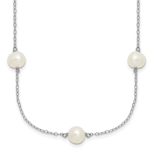 Sterling Silver Rhodium-plated 7-8mm White Near-Round Freshwater Cultured Pearl 7-Station Necklace with 2 Inch Extension, 17"