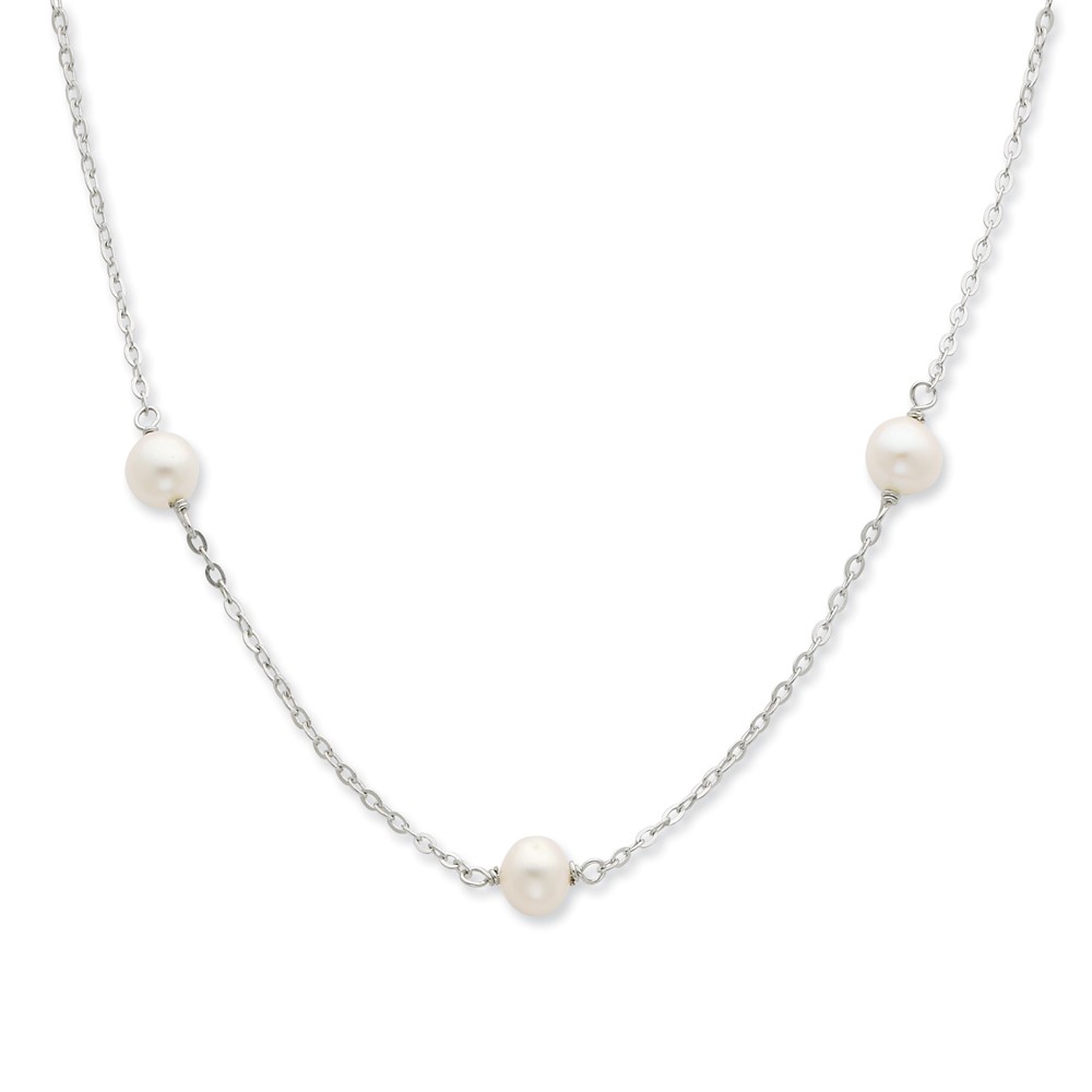 Sterling Silver Rhodium-plated 7-8mm White Near-Round Freshwater Cultured Pearl 7-Station 17 inch with 2 inch Extension Necklace (QH4746-17)
