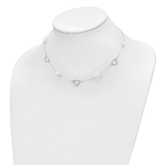 Sterling Silver Rhodium-plated 7-8mm White Teardrop Freshwater Cultured Pearl and Hearts 17 inch with 2 inch Extension Necklace