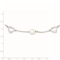 Sterling Silver Rhodium-plated 7-8mm White Teardrop Freshwater Cultured Pearl and Hearts Necklace with 2 Inch Extension, 17" view 2