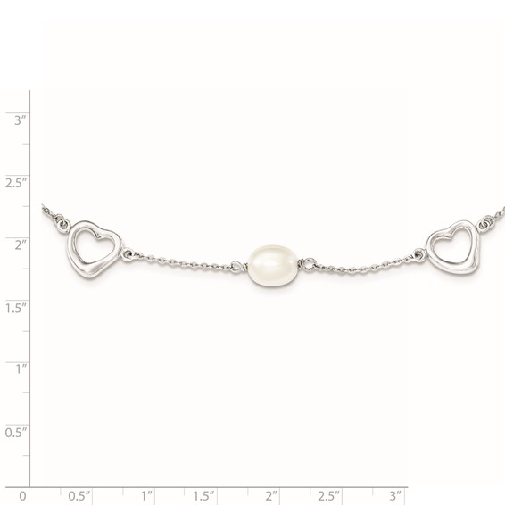 Sterling Silver Rhodium-plated 7-8mm White Teardrop Freshwater Cultured Pearl and Hearts 17 inch with 2 inch Extension Necklace
