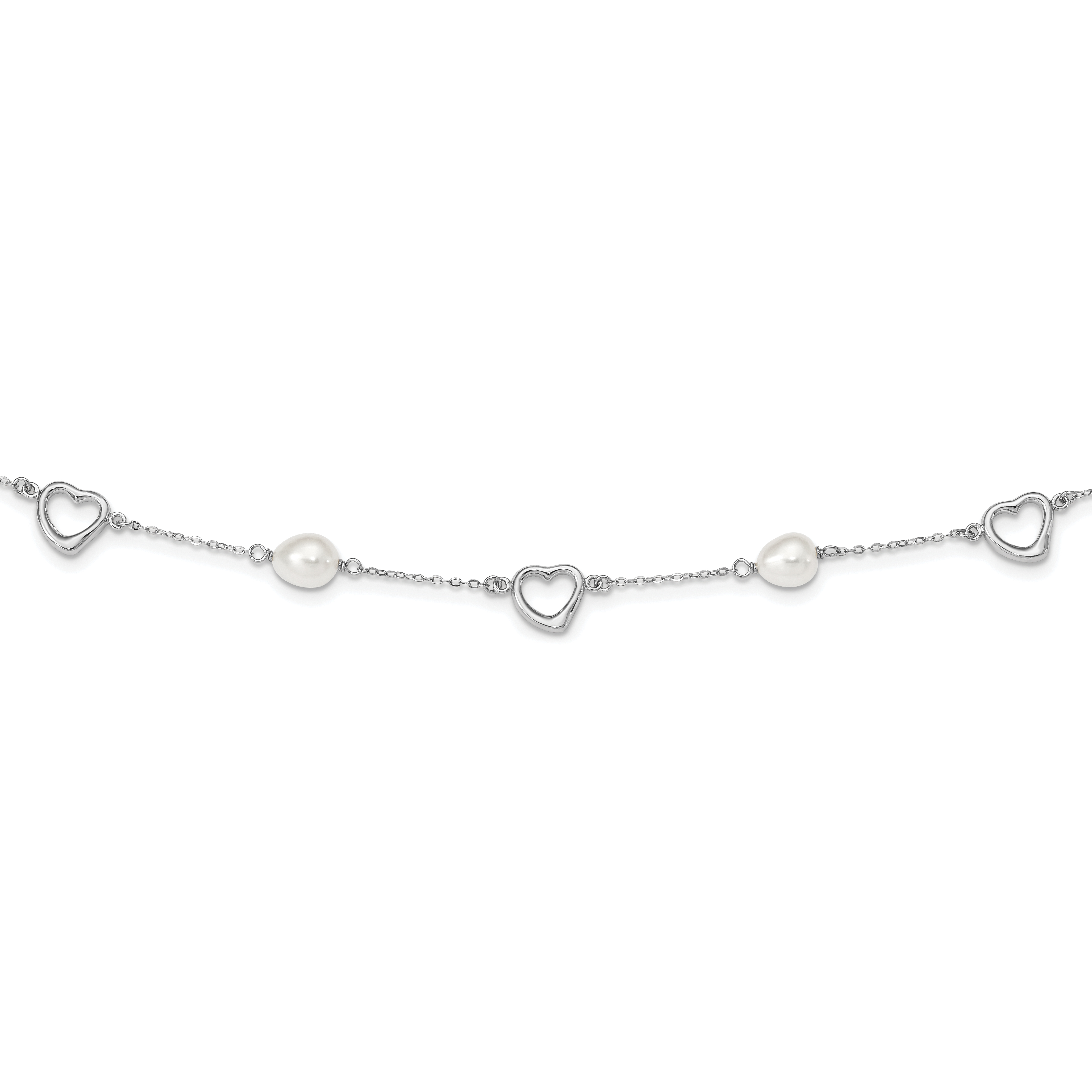 Sterling Silver Rhodium-plated 7-8mm White Teardrop Freshwater Cultured Pearl and Hearts 17 inch with 2 inch Extension Necklace (QH4747-17)