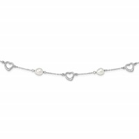 Sterling Silver Rhodium-plated 7-8mm White Teardrop Freshwater Cultured Pearl and Hearts Necklace with 2 Inch Extension, 17" view 1