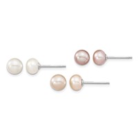 Sterling Silver RH-plated 6-7mm White Pink Prpl Semi-Round Freshwater Cult. Pearl Necklace 7.25 in Bracelet 3-pair Button Post Earrings Set, 18" view 2
