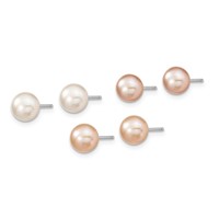 Sterling Silver RH-plated 6-7mm White Pink Prpl Semi-Round Freshwater Cult. Pearl Necklace 7.25 in Bracelet 3-pair Button Post Earrings Set, 18" view 3