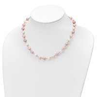 Sterling Silver RH-plated 6-7mm White Pink Prpl Semi-Round Freshwater Cult. Pearl Necklace 7.25 in Bracelet 3-pair Button Post Earrings Set, 18" view 5
