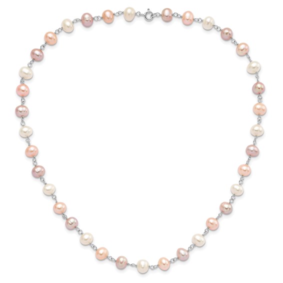 "Sterling Silver Rhodium-plated 6-7mm White, Pink and Purple Semi-Round Freshwater Cultured Pearl 18 inch Necklace, 7.25 inch Bracelet and 3-piece Button Post Earrings Set"