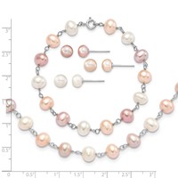 Sterling Silver RH-plated 6-7mm White Pink Prpl Semi-Round Freshwater Cult. Pearl Necklace 7.25 in Bracelet 3-pair Button Post Earrings Set, 18" view 4