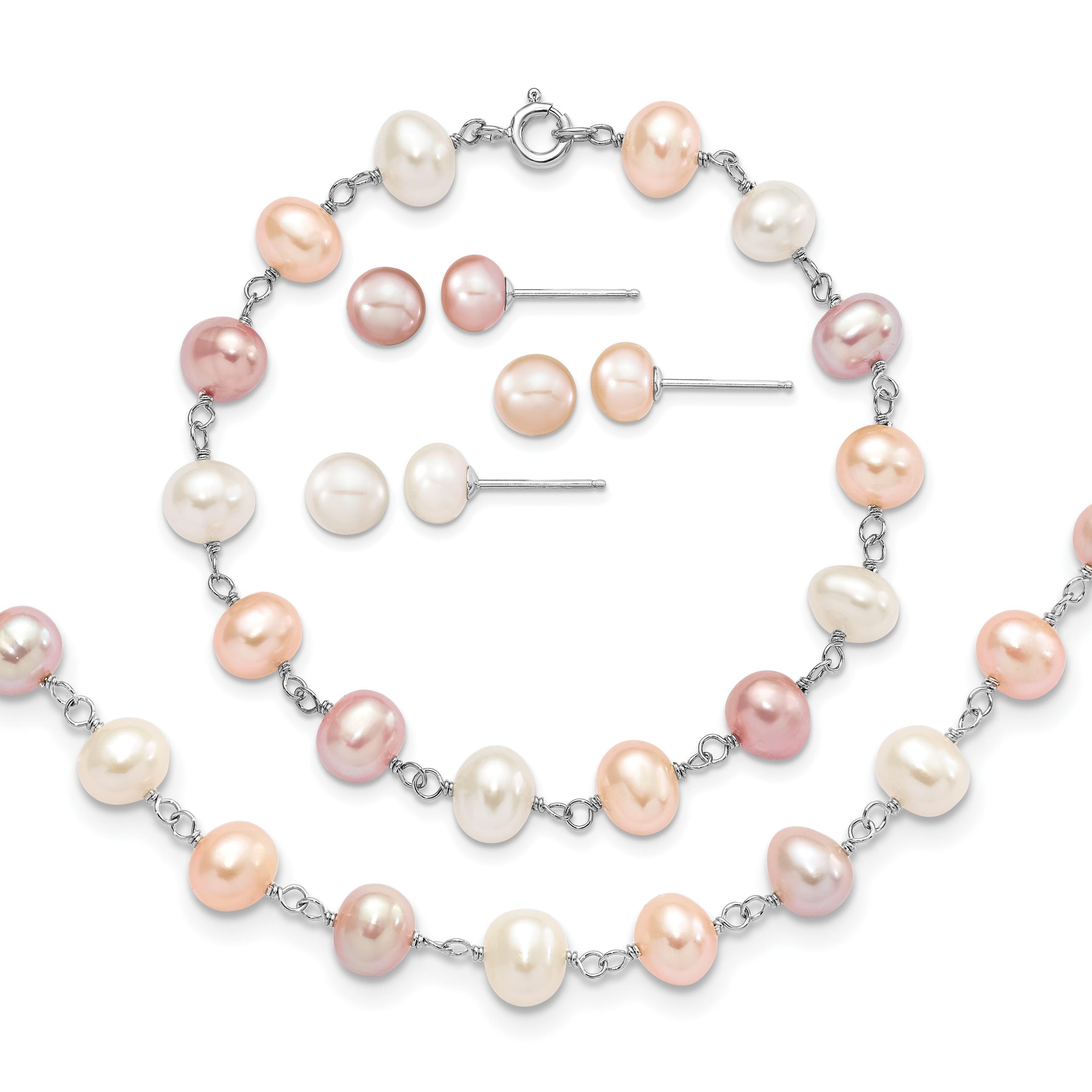 Sterling Silver Rhodium-plated 6-7mm White, Pink and Purple Semi-Round Freshwater Cultured Pearl 18 inch Necklace, 7.25 inch Bracelet and 3-piece Button Post Earrings Set (QH4754SET)