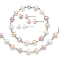 Sterling Silver RH-plated 6-7mm White Pink Prpl Semi-Round Freshwater Cult. Pearl Necklace 7.25 in Bracelet 3-pair Button Post Earrings Set, 18" view 1
