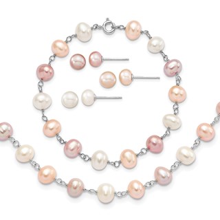 "Sterling Silver Rhodium-plated 6-7mm White, Pink and Purple Semi-Round Freshwater Cultured Pearl 18 inch Necklace, 7.25 inch Bracelet and 3-piece Button Post Earrings Set"