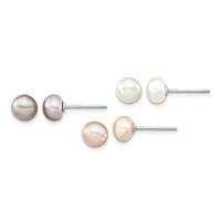 Sterling Silver RH-plated 6-7mm White Pink Prpl Semi-Round Freshwater Cult. Pearl Necklace 7.25 in Bracelet 3-pair Button Post Earrings Set, 18" view 2