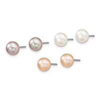 Sterling Silver RH-plated 6-7mm White Pink Prpl Semi-Round Freshwater Cult. Pearl Necklace 7.25 in Bracelet 3-pair Button Post Earrings Set, 18" view 3