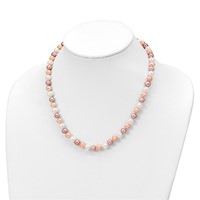 Sterling Silver RH-plated 6-7mm White Pink Prpl Semi-Round Freshwater Cult. Pearl Necklace 7.25 in Bracelet 3-pair Button Post Earrings Set, 18" view 5