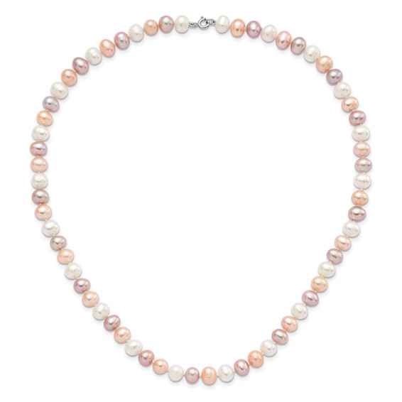 "Sterling Silver Rhodium-plated 6-7mm White, Pink and Purple Semi-Round Freshwater Cultured Pearl 18 inch Necklace, 7.25 inch Bracelet and 3-piece Button Post Earrings Set"