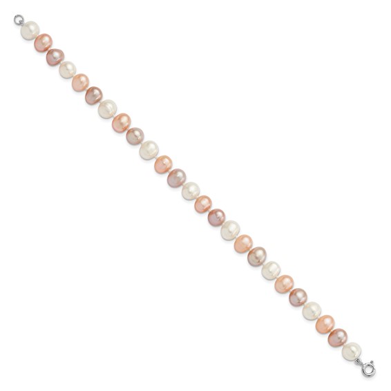 "Sterling Silver Rhodium-plated 6-7mm White, Pink and Purple Semi-Round Freshwater Cultured Pearl 18 inch Necklace, 7.25 inch Bracelet and 3-piece Button Post Earrings Set"