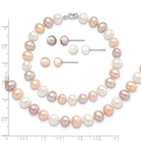 Sterling Silver RH-plated 6-7mm White Pink Prpl Semi-Round Freshwater Cult. Pearl Necklace 7.25 in Bracelet 3-pair Button Post Earrings Set, 18" view 4