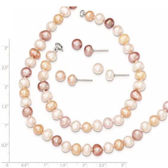 "Sterling Silver Rhodium-plated 6-7mm White, Pink and Purple Semi-Round Freshwater Cultured Pearl 18 inch Necklace, 7.25 inch Bracelet and 3-piece Button Post Earrings Set"