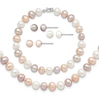 Sterling Silver RH-plated 6-7mm White Pink Prpl Semi-Round Freshwater Cult. Pearl Necklace 7.25 in Bracelet 3-pair Button Post Earrings Set, 18" view 1